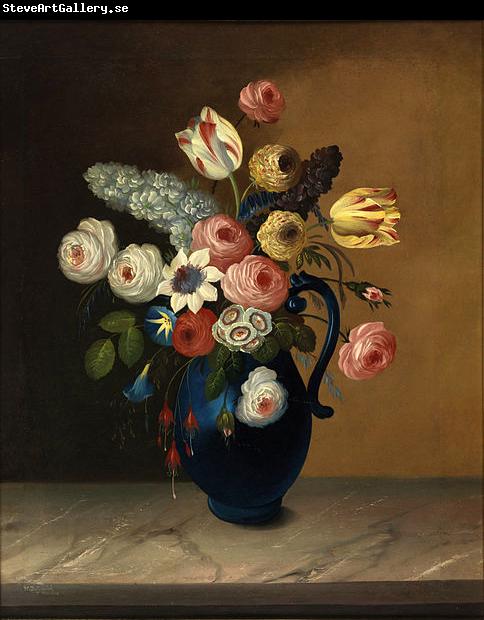 William Buelow Gould Still life, flowers in a blue jug oil on canvas painting by Van Diemonian (Tasmanian) artist and convict William Buelow Gould (1801 - 1853).